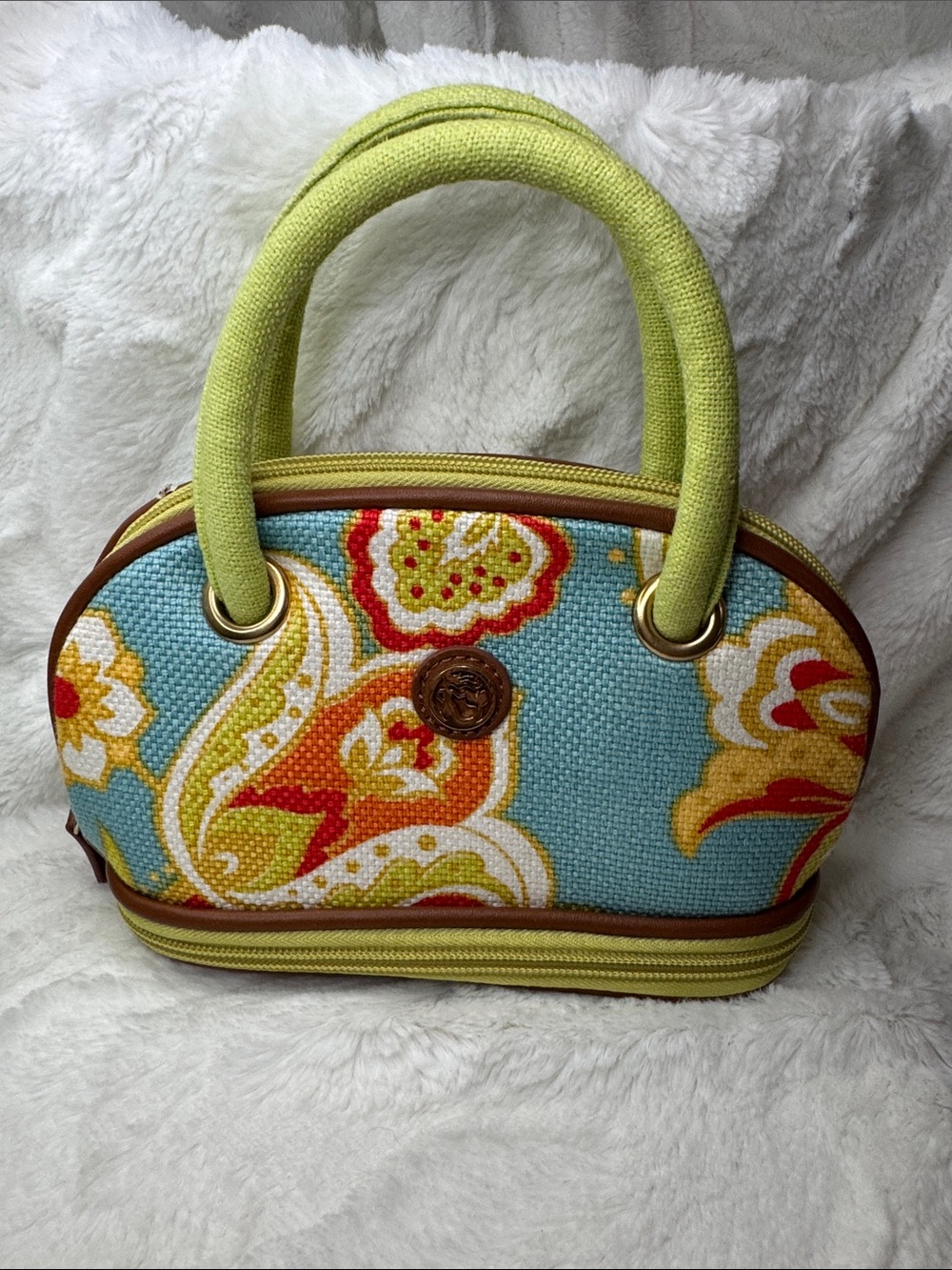 Spartina 449 Turquoise Floral Canvas Dome Bag with Lime Handles